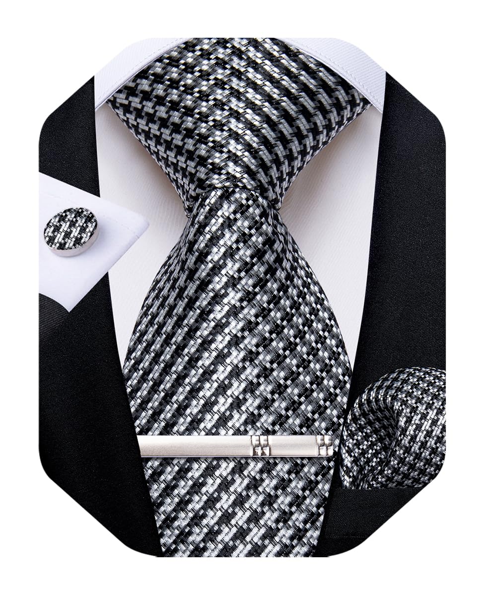 Silk Ties for Men Formal Plaid Check Necktie and Pocket Square Cufflinks Tie Clip Set Wedding Necktie with Gift Box