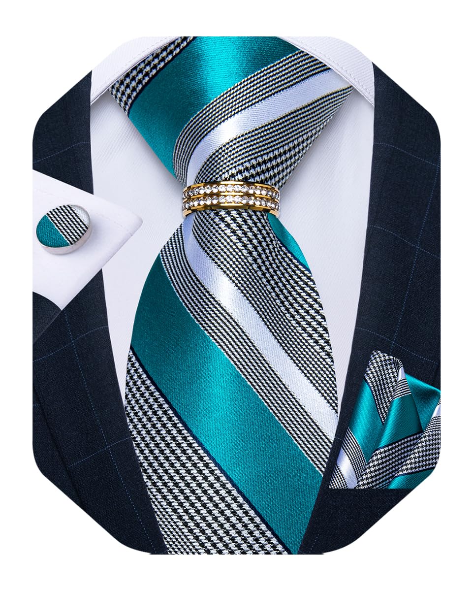 Mens Tie Set Silk Necktie and Gold Tie Ring Pocket Square Cufflinks Formal Business Wedding Ties with Gift Box