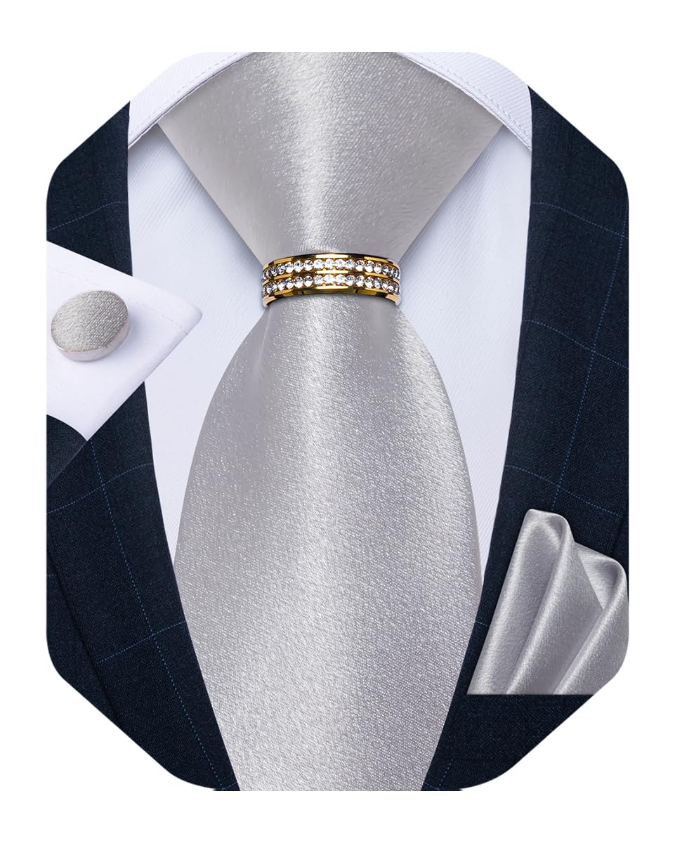 Mens Tie Set Silk Necktie and Gold Tie Ring Pocket Square Cufflinks Formal Business Wedding Ties with Gift Box