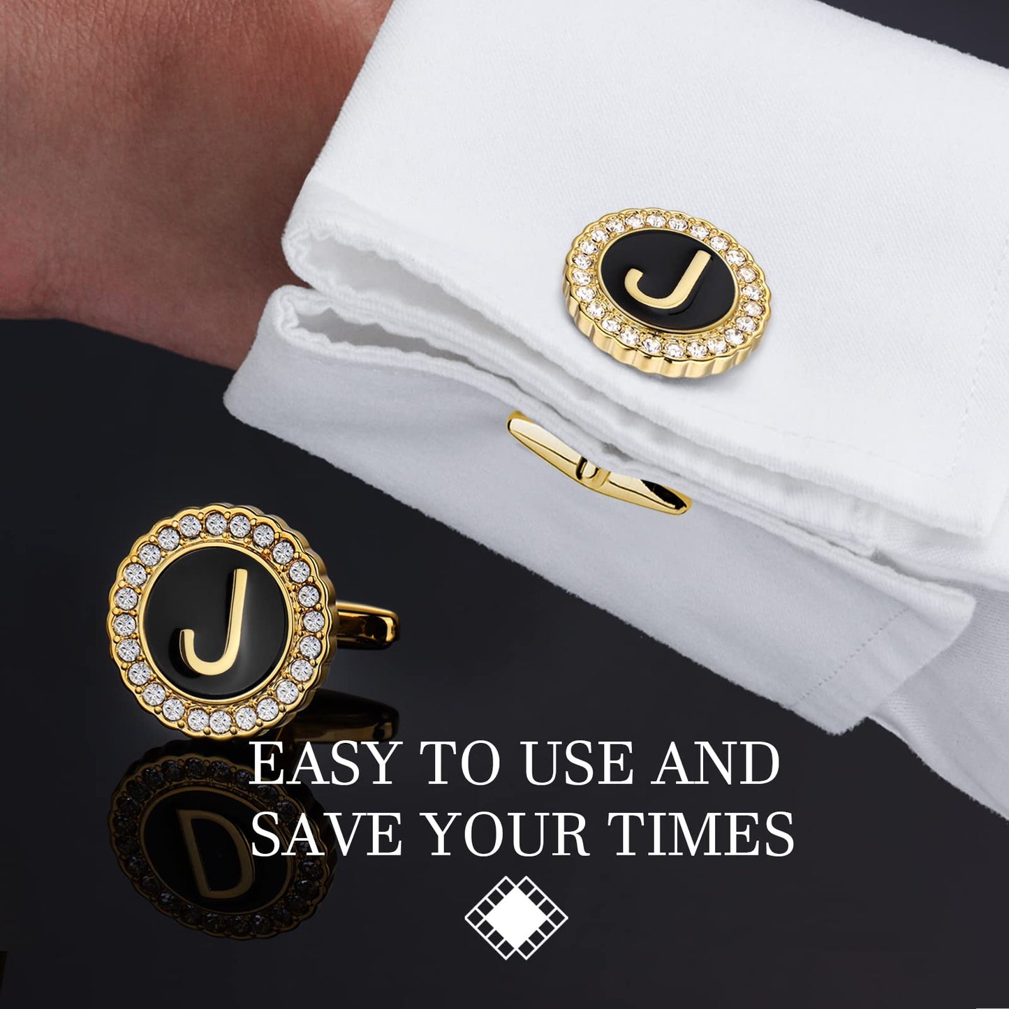 18K Gold Tone Initial Cufflinks for Men with Tuxedo Studs