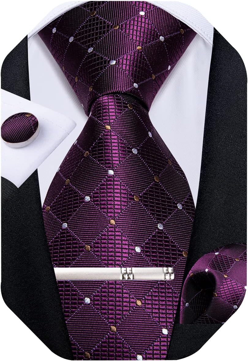 Plaid Ties for Men Silk Checkered Necktie and Pocket Square Cufflinks Tie Clip Set with Gift Box for Wedding Business
