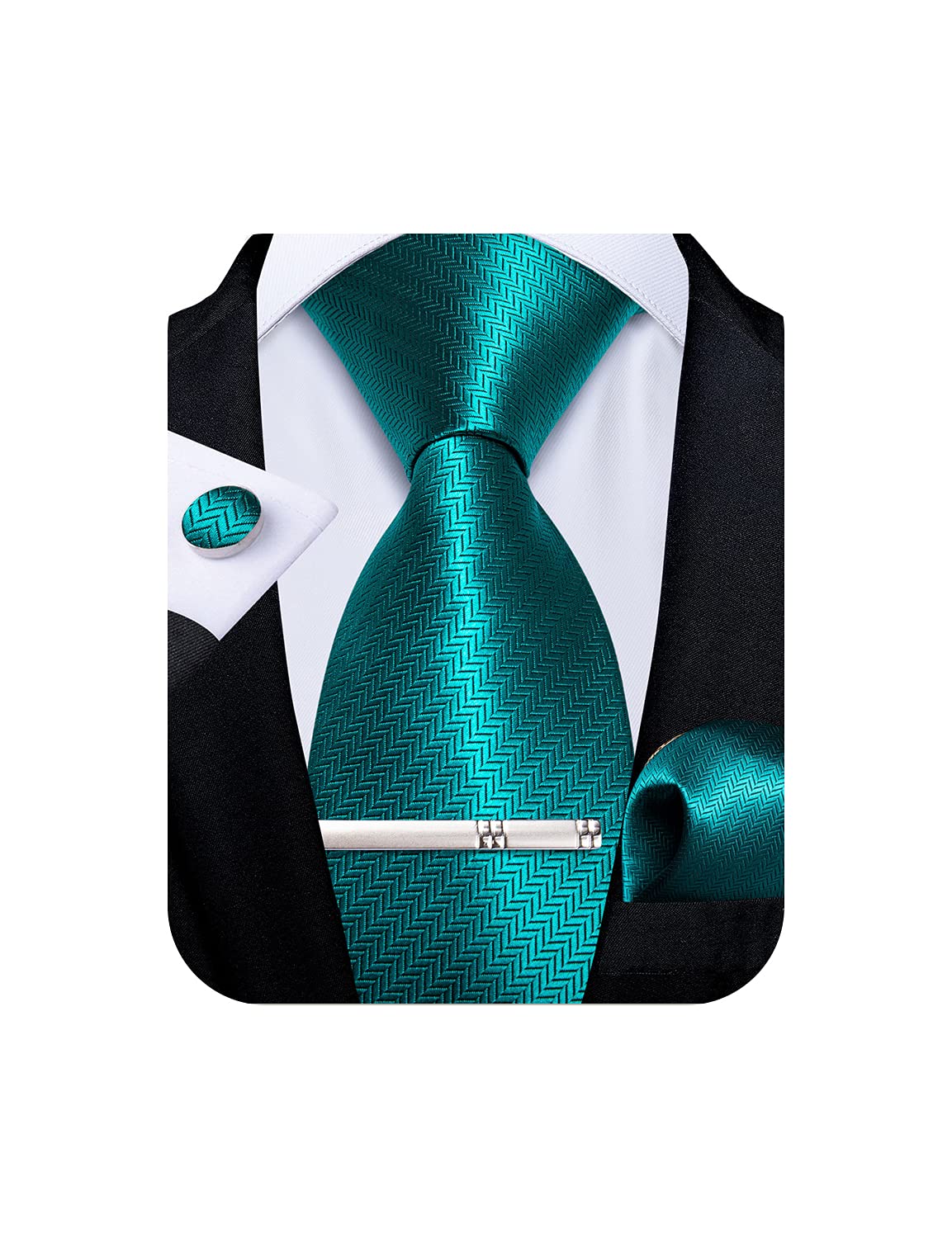 Mens Silk Necktie Solid Color Tie and Pocket Square Cufflink Tie Clip Set Woven Plain Ties for Men Wedding Party