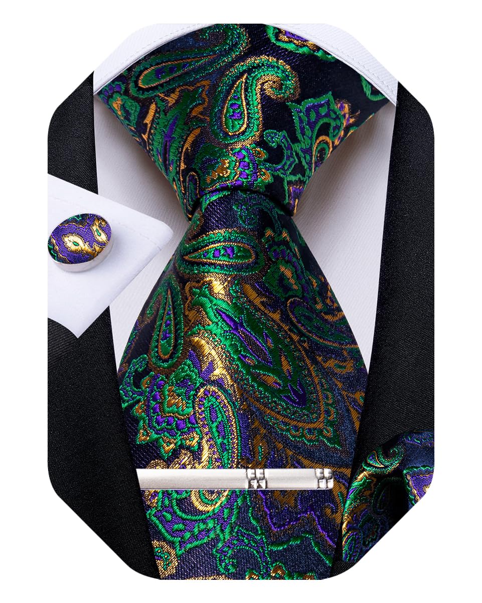 Silk Floral Ties for Men Woven Paisley Necktie and Tie Clip Handkerchief Cufflinks Set for Party Wedding