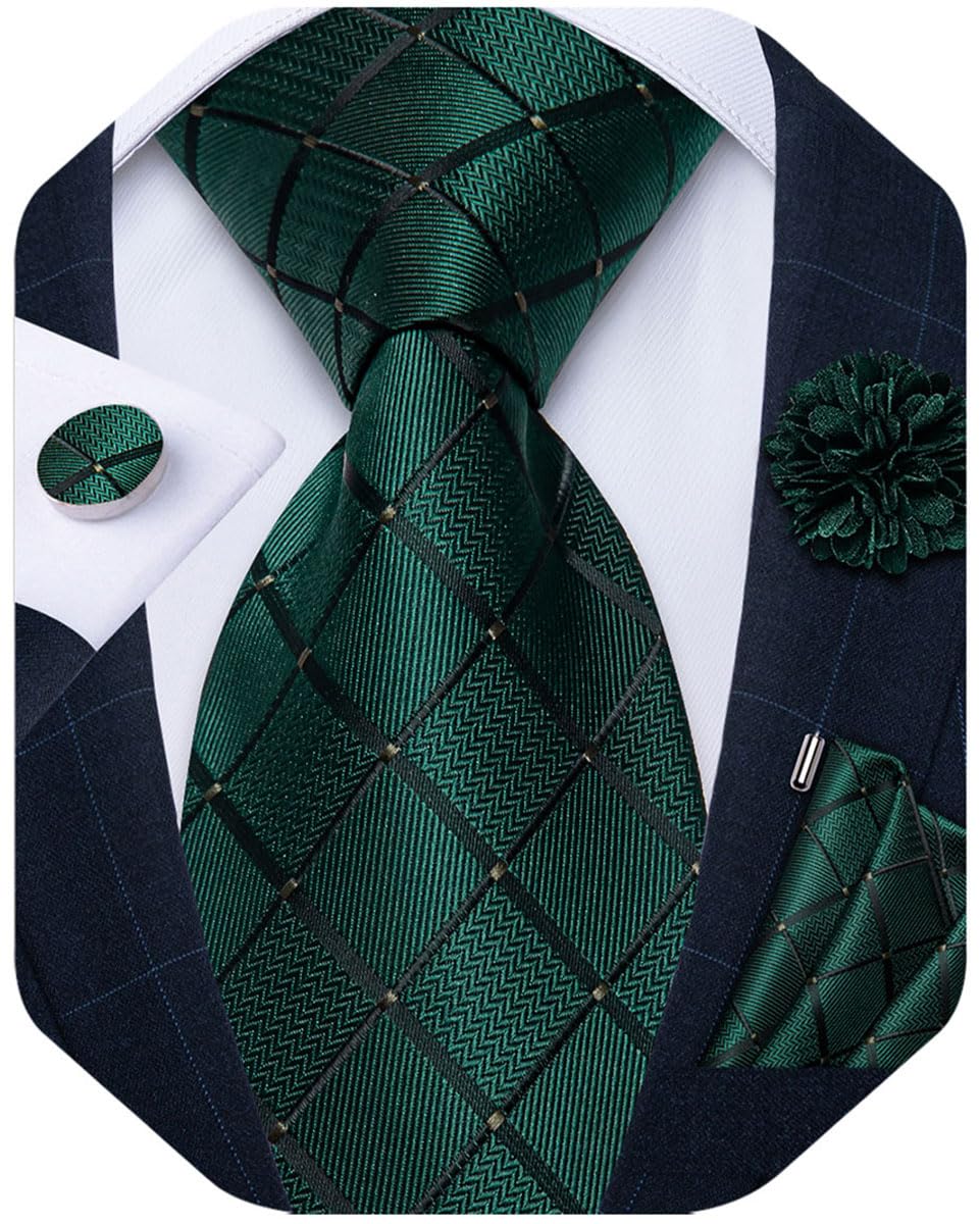 Mens Tie and Lapel Pin Set Silk Plaid Solid Paisley Necktie & Pocket Square Cufflinks for Wedding Party