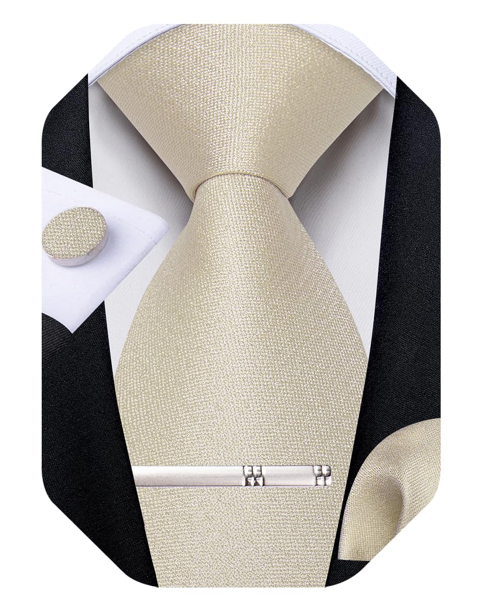 Mens Silk Necktie Solid Color Tie and Pocket Square Cufflink Tie Clip Set Woven Plain Ties for Men Wedding Party
