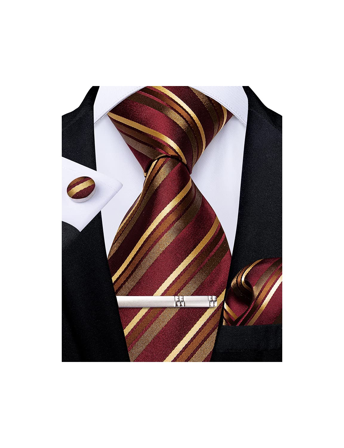 Mens Striped Tie Silk Woven Necktie and Pocket Square Cufflinks Tie Clip Set Wedding Business Formal Gift Tie for Men