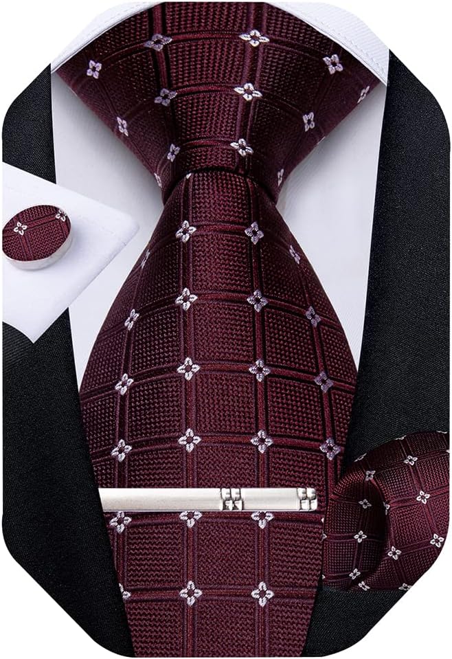 Plaid Ties for Men Silk Checkered Necktie and Pocket Square Cufflinks Tie Clip Set with Gift Box for Wedding Business