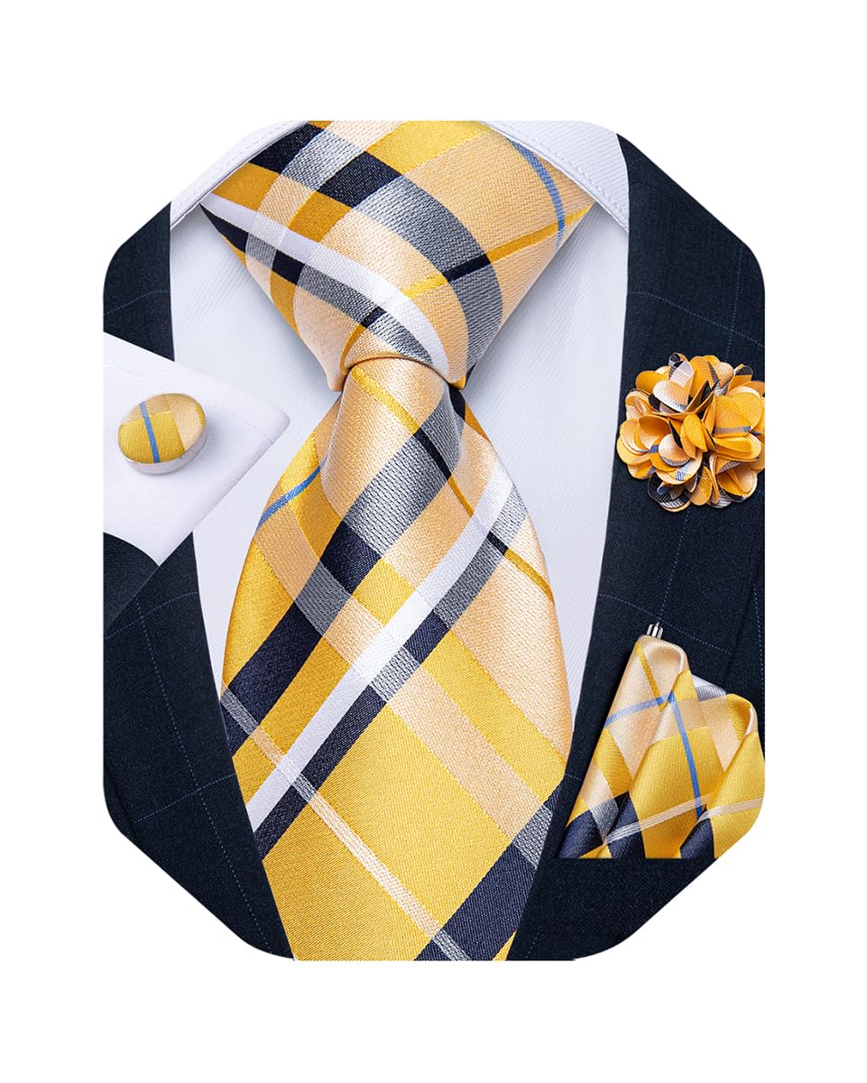 Mens Tie and Lapel Pin Set Silk Plaid Solid Paisley Necktie & Pocket Square Cufflinks for Wedding Party