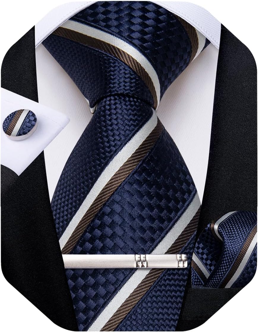 Mens Tie Silk Plaid Striped Necktie and Pocket Square Cufflinks Tie Clip Set with Gift Box Formal Wedding Party