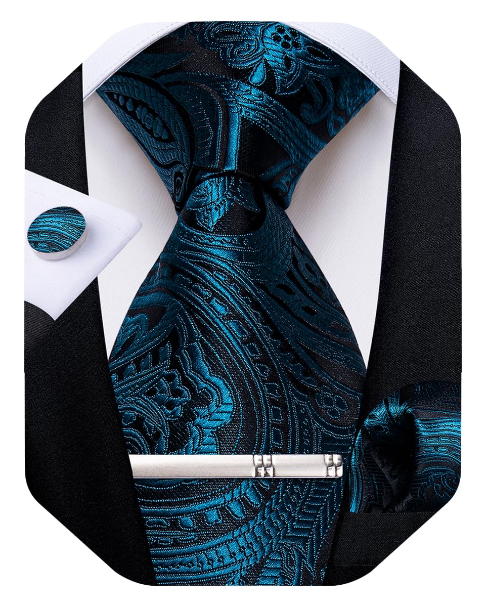 Silk Floral Ties for Men Woven Paisley Necktie and Tie Clip Handkerchief Cufflinks Set for Party Wedding