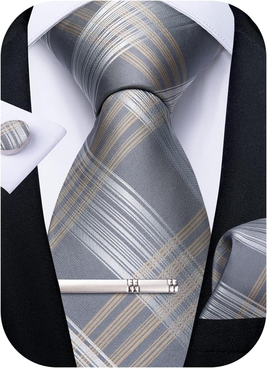 Plaid Ties for Men Silk Checkered Necktie and Pocket Square Cufflinks Tie Clip Set with Gift Box for Wedding Business