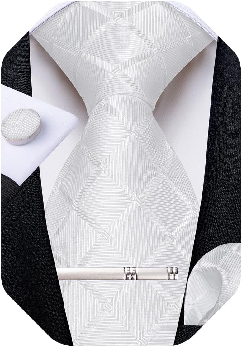 Plaid Ties for Men Silk Checkered Necktie and Pocket Square Cufflinks Tie Clip Set with Gift Box for Wedding Business