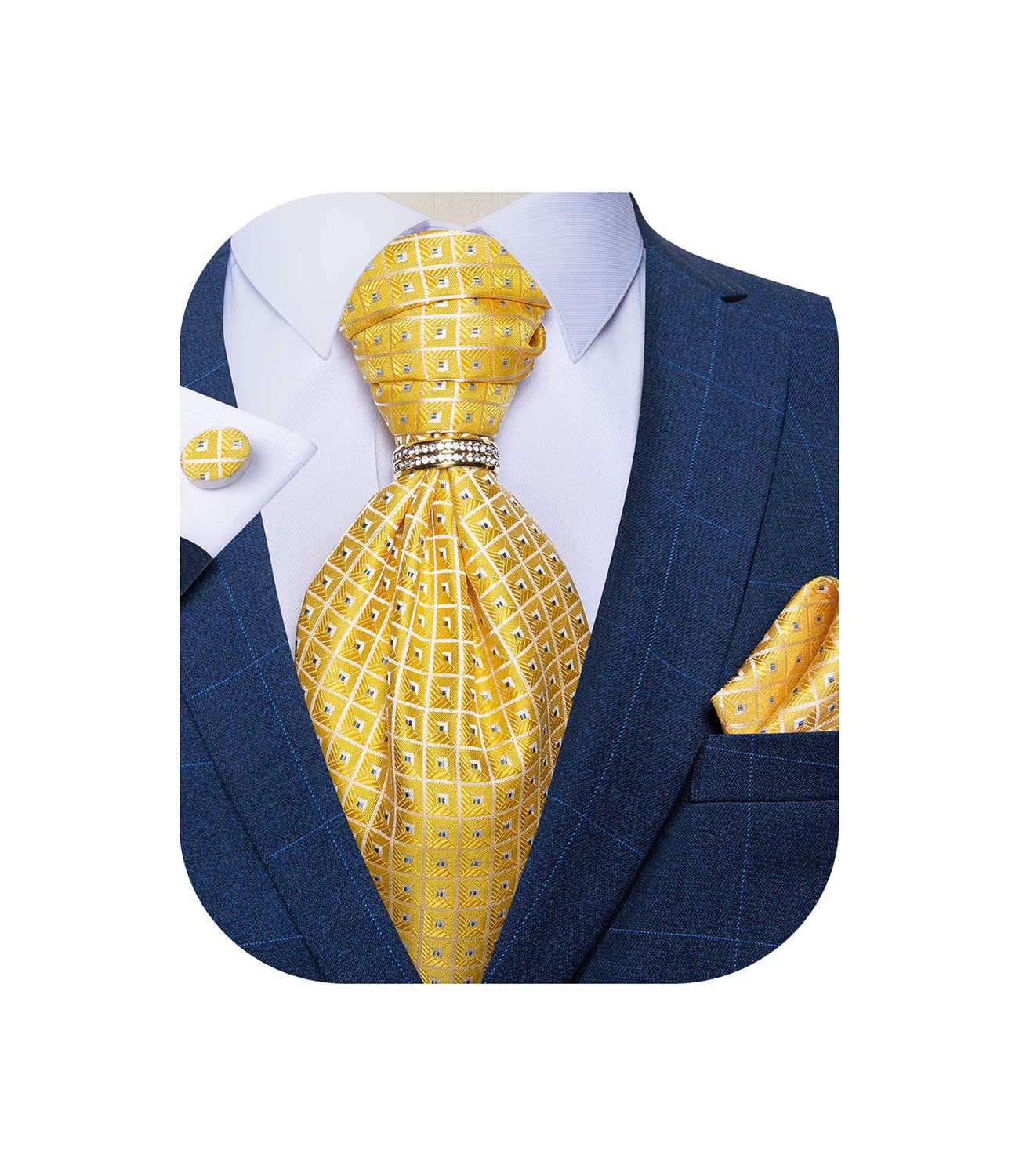 DiBanGu Paisley Ascot Ties for Men Silk Woven Cravat Tie and Pocket Square Cufflinks Set with Tie Ring for Wedding Party
