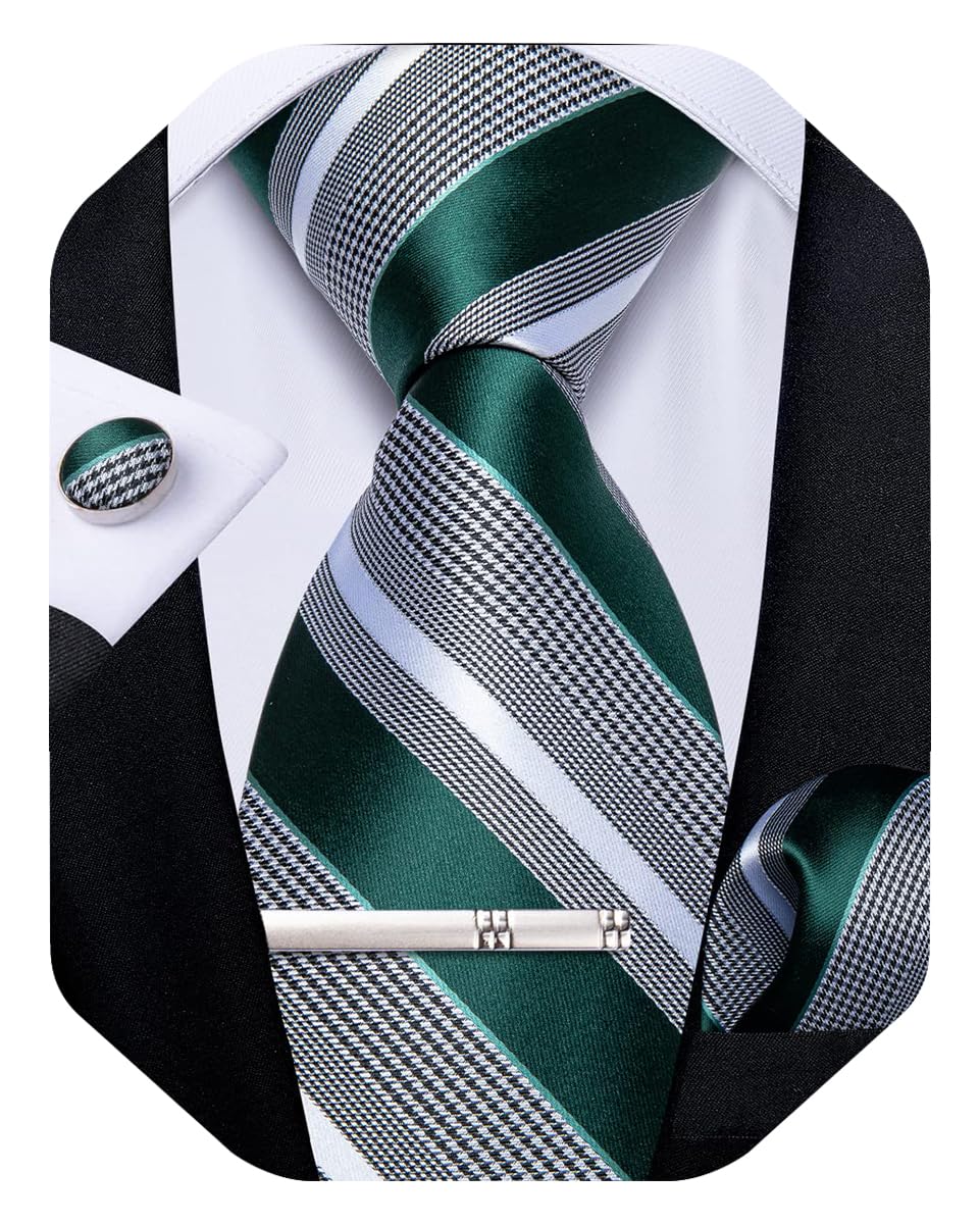 Mens Striped Tie Silk Woven Necktie and Pocket Square Cufflinks Tie Clip Set Wedding Business Formal Gift Tie for Men