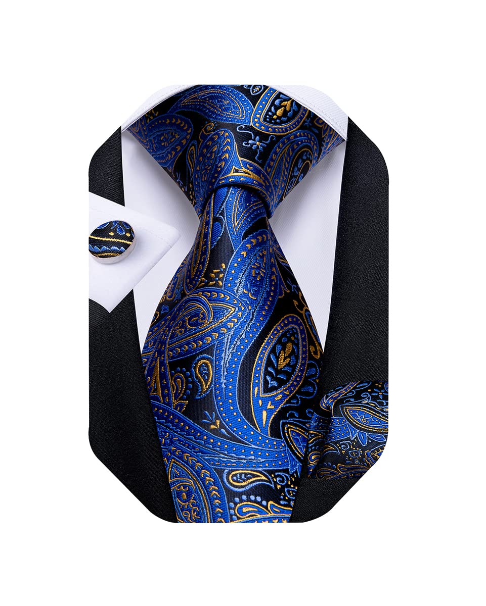 Mens Tie Set Silk Solid Paisley Necktie and Pocket Square Cufflinks Classic Formal Ties for Men Wedding Party