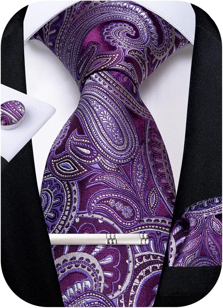 Paisley Ties for Men Silk Necktie and Pocket Square Cufflinks Tie Clip Set Woven Classic Mens Tie for Wedding Party