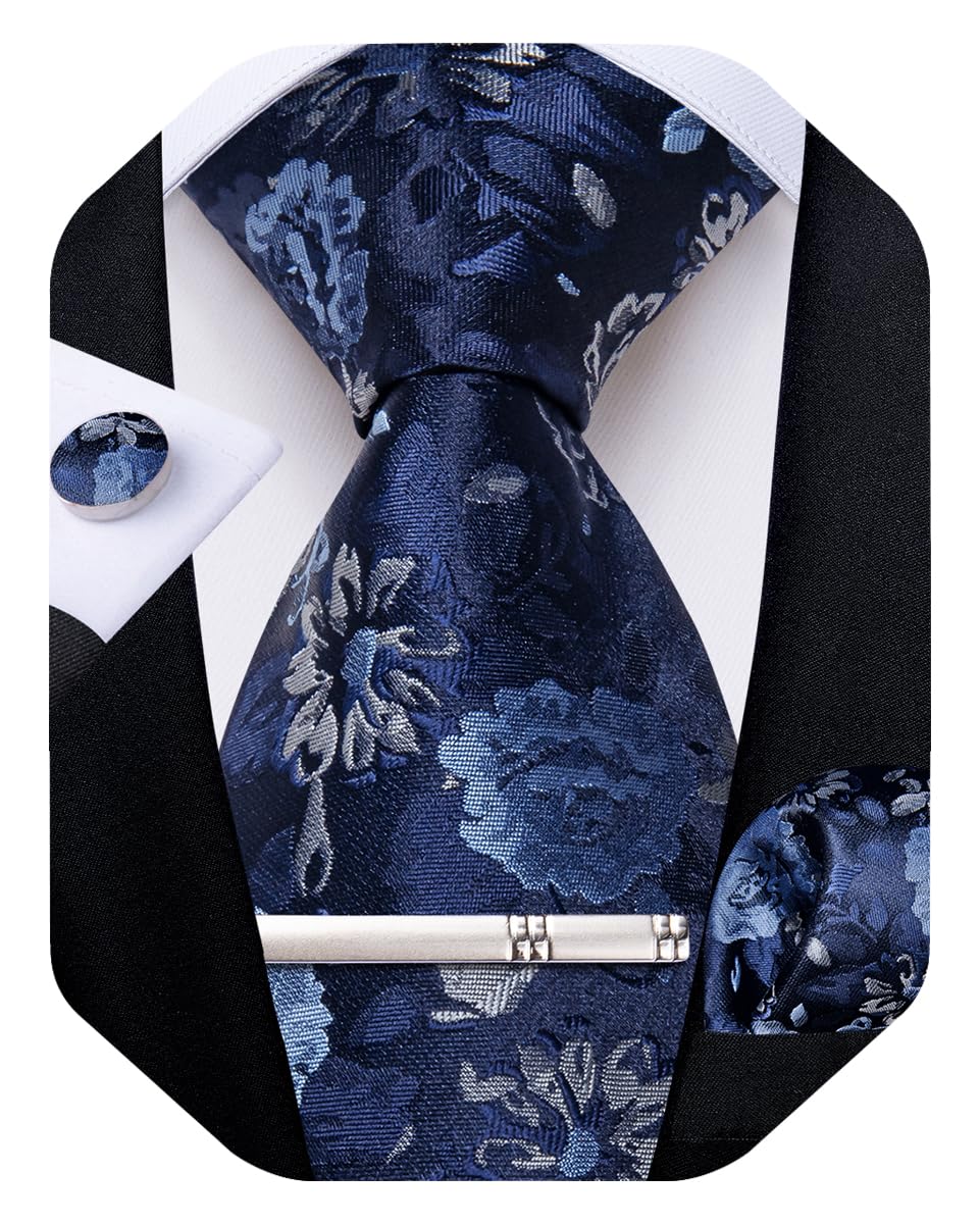 Silk Floral Ties for Men Woven Paisley Necktie and Tie Clip Handkerchief Cufflinks Set for Party Wedding