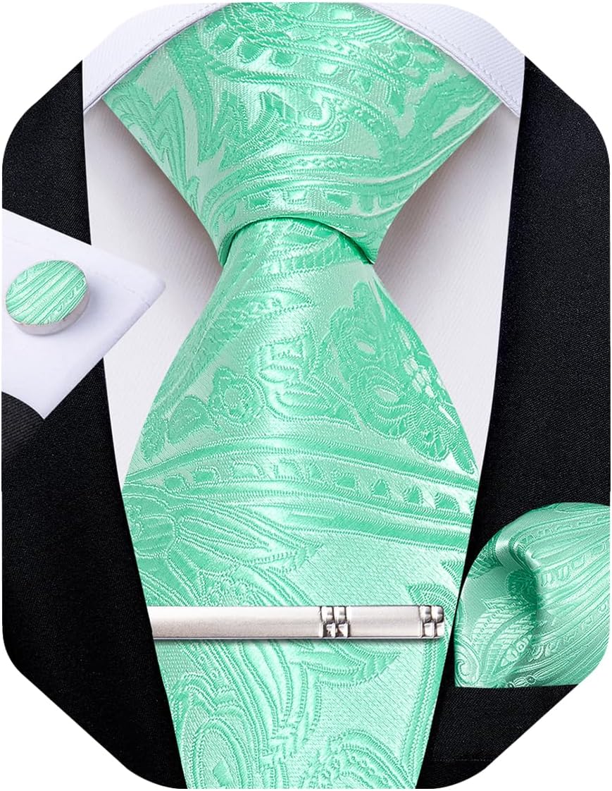 Paisley Ties for Men Silk Necktie and Pocket Square Cufflinks Tie Clip Set Woven Classic Mens Tie for Wedding Party