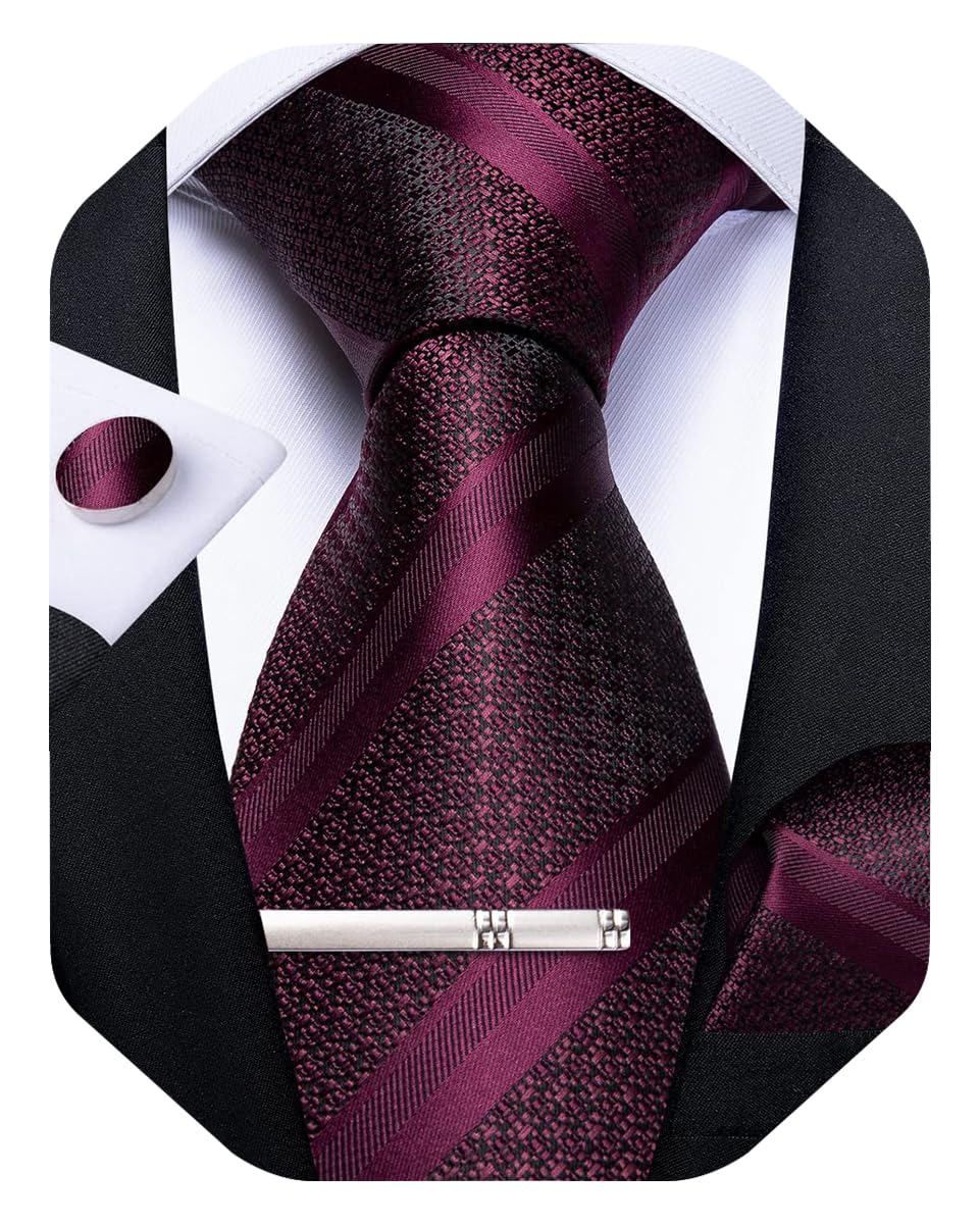 Mens Striped Tie Silk Woven Necktie and Pocket Square Cufflinks Tie Clip Set Wedding Business Formal Gift Tie for Men