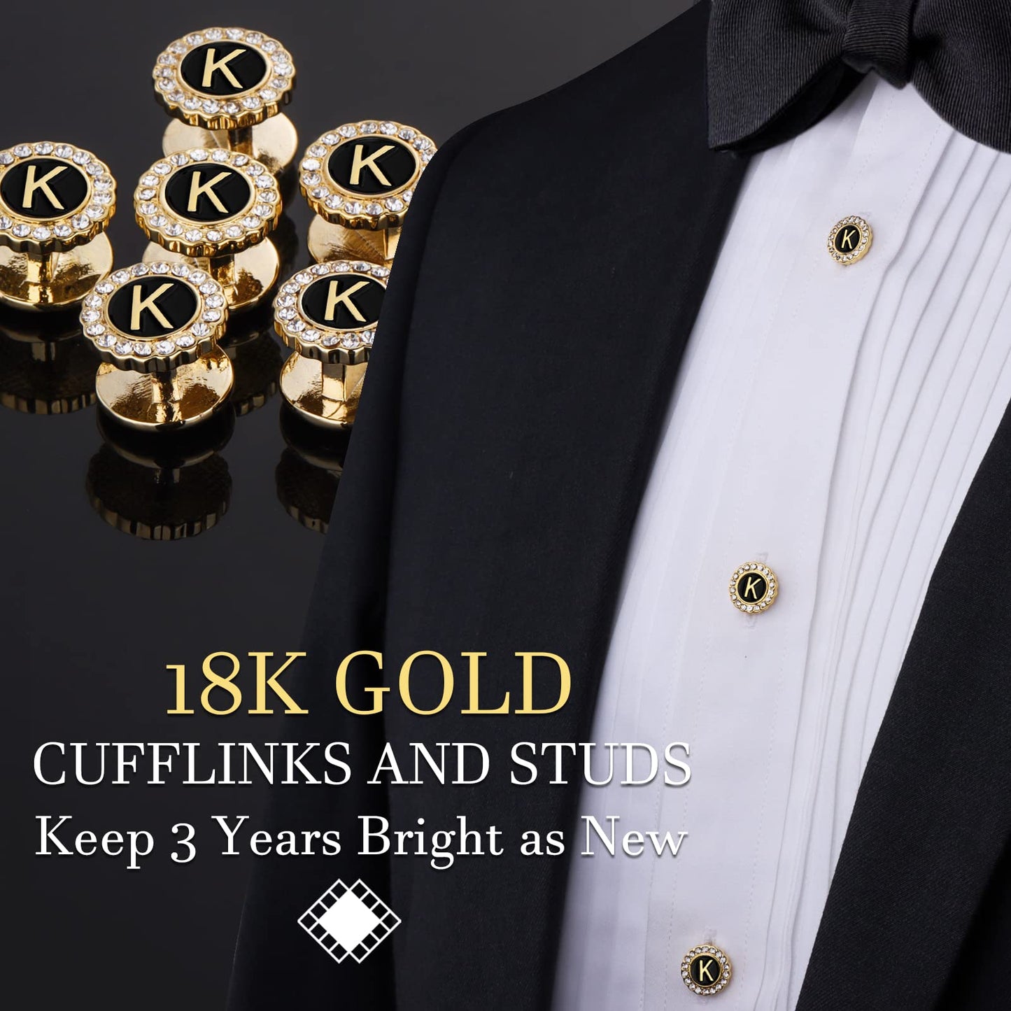 18K Gold Tone Initial Cufflinks for Men with Tuxedo Studs