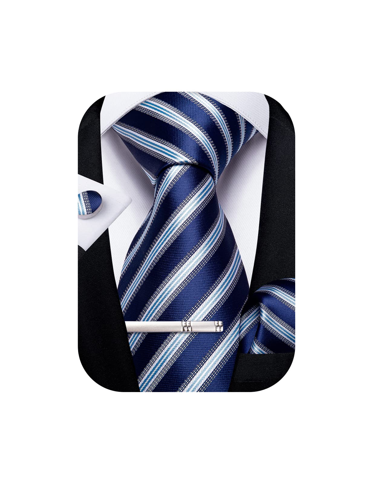 Mens Striped Tie Silk Woven Necktie and Pocket Square Cufflinks Tie Clip Set Wedding Business Formal Gift Tie for Men