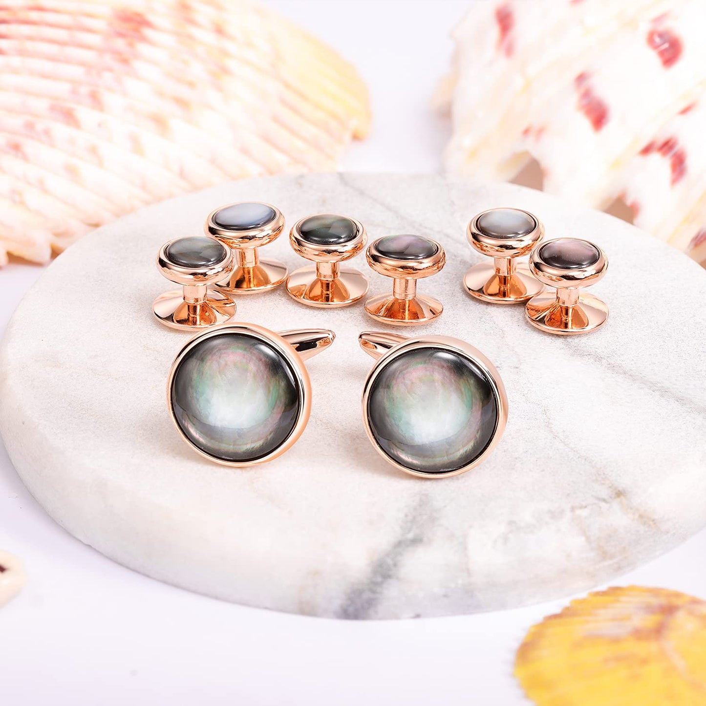 Cufflinks and Tuxedo Studs Set for Men with Gift Box, Mother-of-Pearl Cuff links for French Cuff Shirt and Dress Shirt, Suitable for Wedding, Birthday, Party