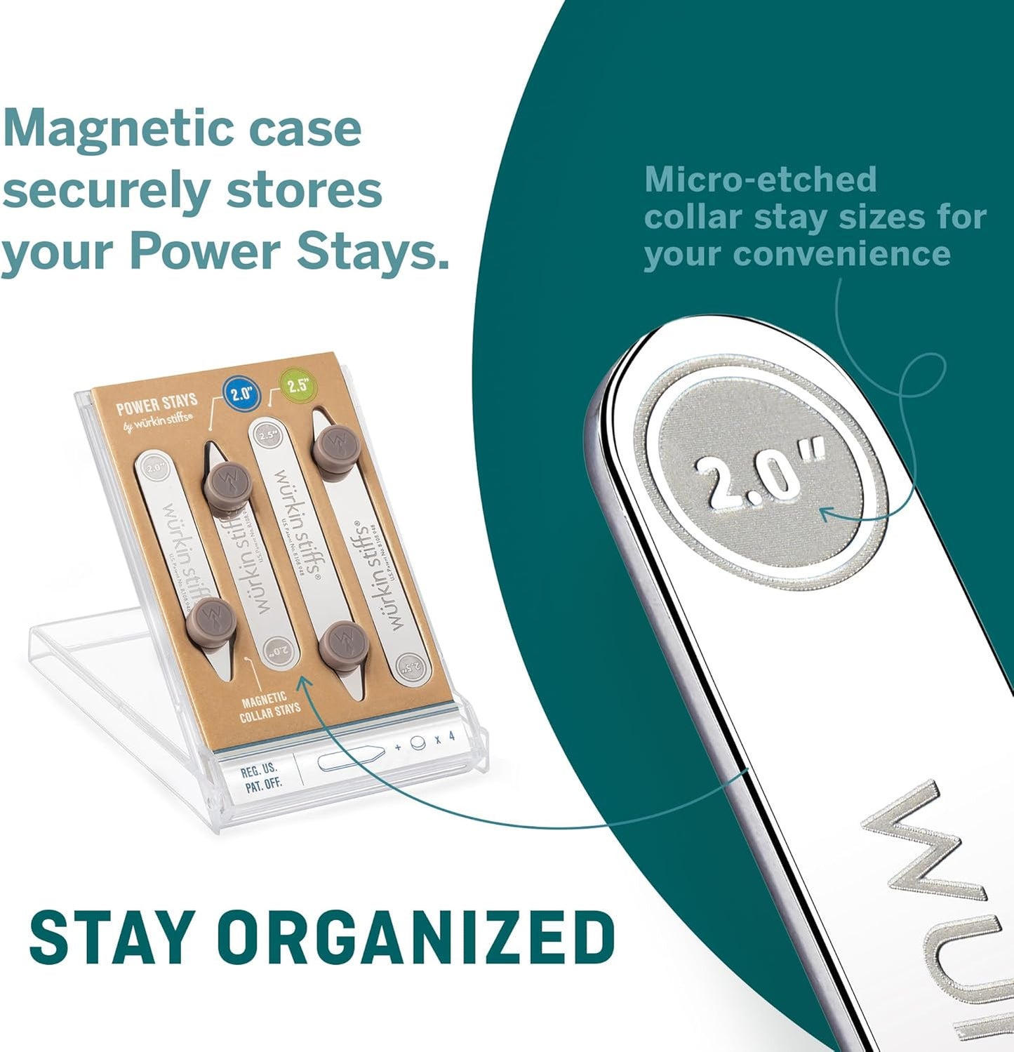 2.0-inch and 2.5-inch Power Stays Magnetic Collar Stays by Würkin Stiffs | 1 Pair of Each Size | Includes (2) 2.0” Power Stays and (2) 2.5” Power Stays with Storage Case | As Seen on Shark Tank