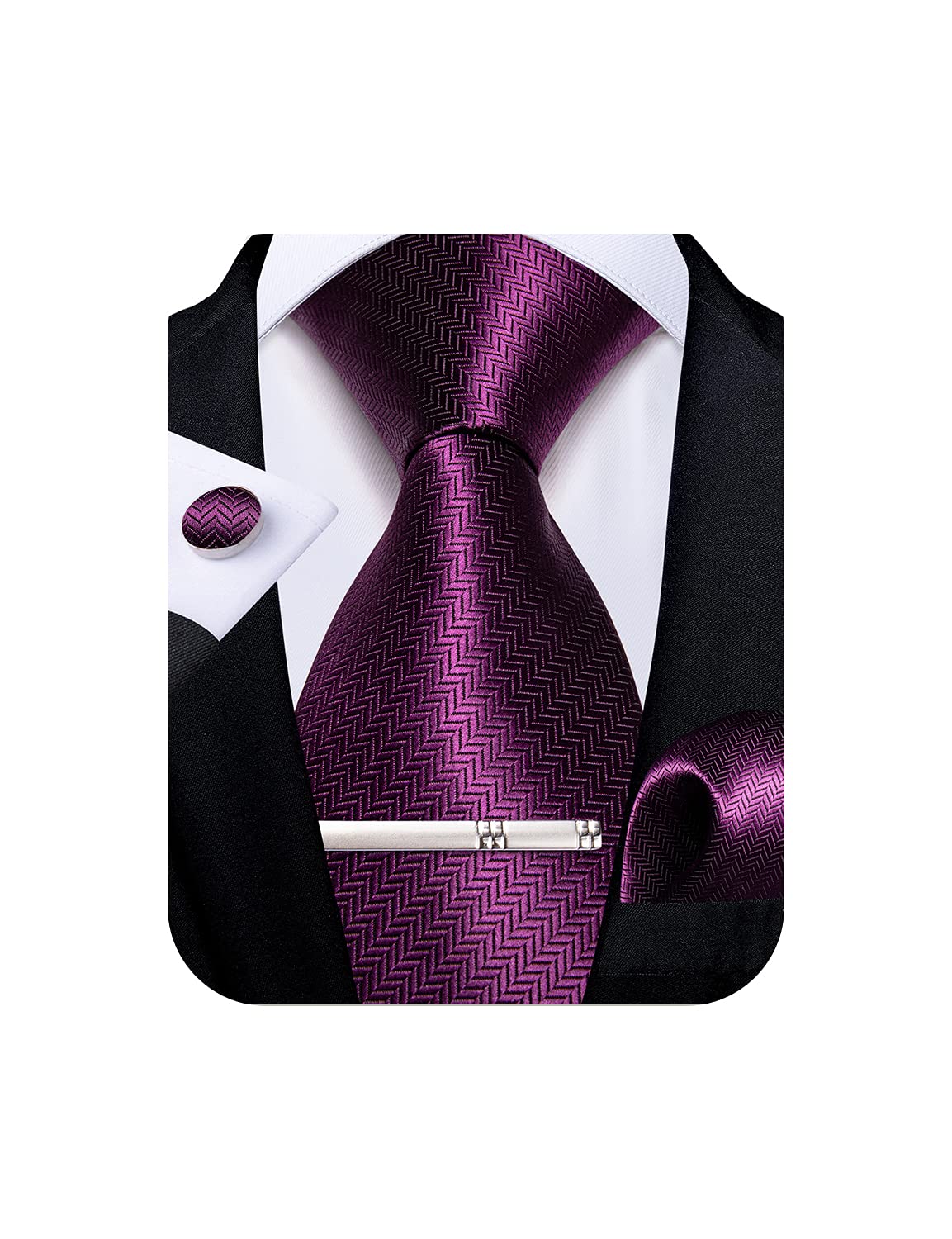 Mens Silk Necktie Solid Color Tie and Pocket Square Cufflink Tie Clip Set Woven Plain Ties for Men Wedding Party