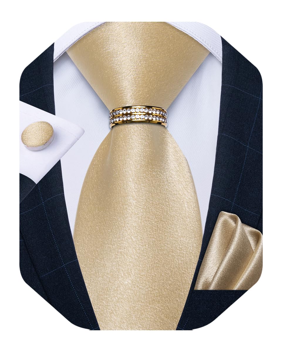 Mens Tie Set Silk Necktie and Gold Tie Ring Pocket Square Cufflinks Formal Business Wedding Ties with Gift Box