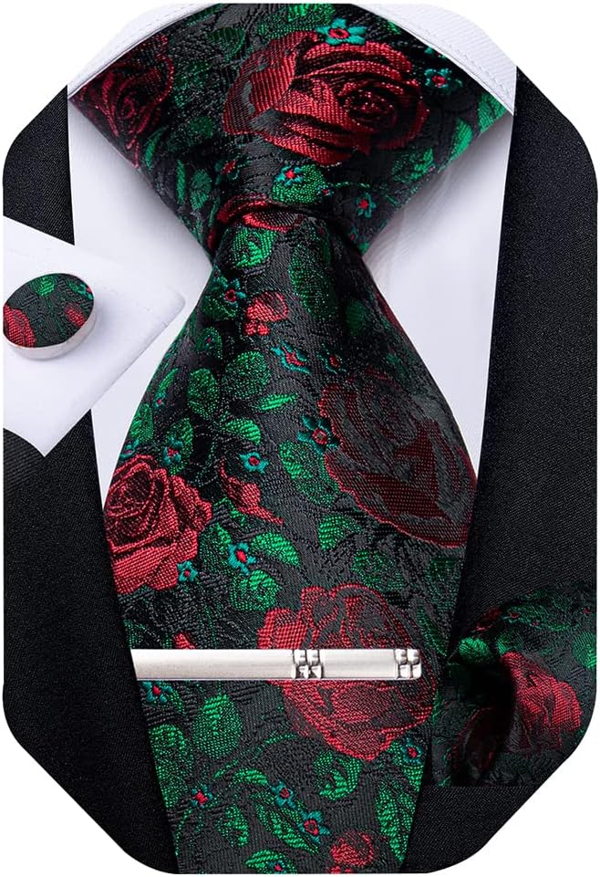 Paisley Ties for Men Silk Necktie and Pocket Square Cufflinks Tie Clip Set Woven Classic Mens Tie for Wedding Party