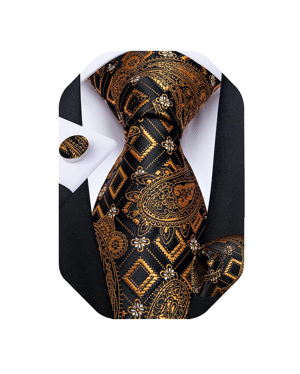 Mens Tie Set Silk Solid Paisley Necktie and Pocket Square Cufflinks Classic Formal Ties for Men Wedding Party
