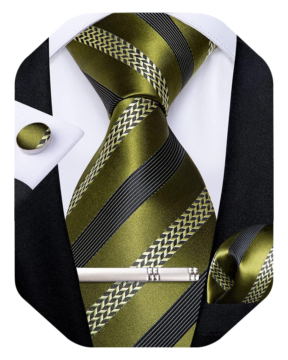 Mens Striped Tie Silk Woven Necktie and Pocket Square Cufflinks Tie Clip Set Wedding Business Formal Gift Tie for Men