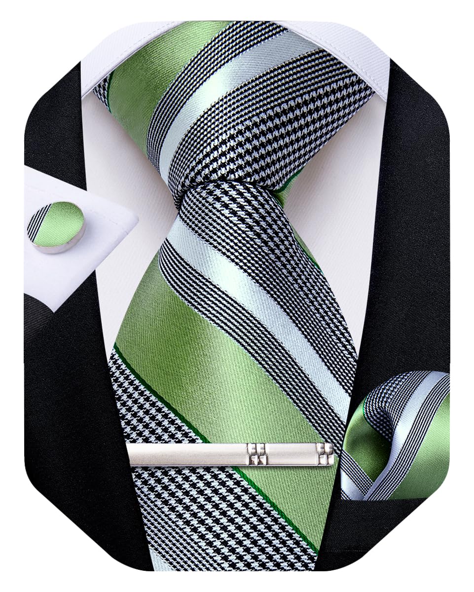 Mens Striped Tie Silk Woven Necktie and Pocket Square Cufflinks Tie Clip Set Wedding Business Formal Gift Tie for Men