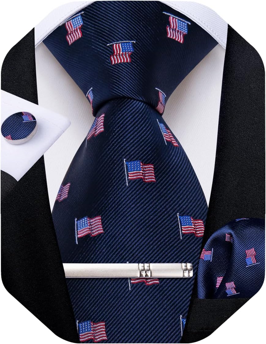 Mens Tie Silk Plaid Striped Necktie and Pocket Square Cufflinks Tie Clip Set with Gift Box Formal Wedding Party