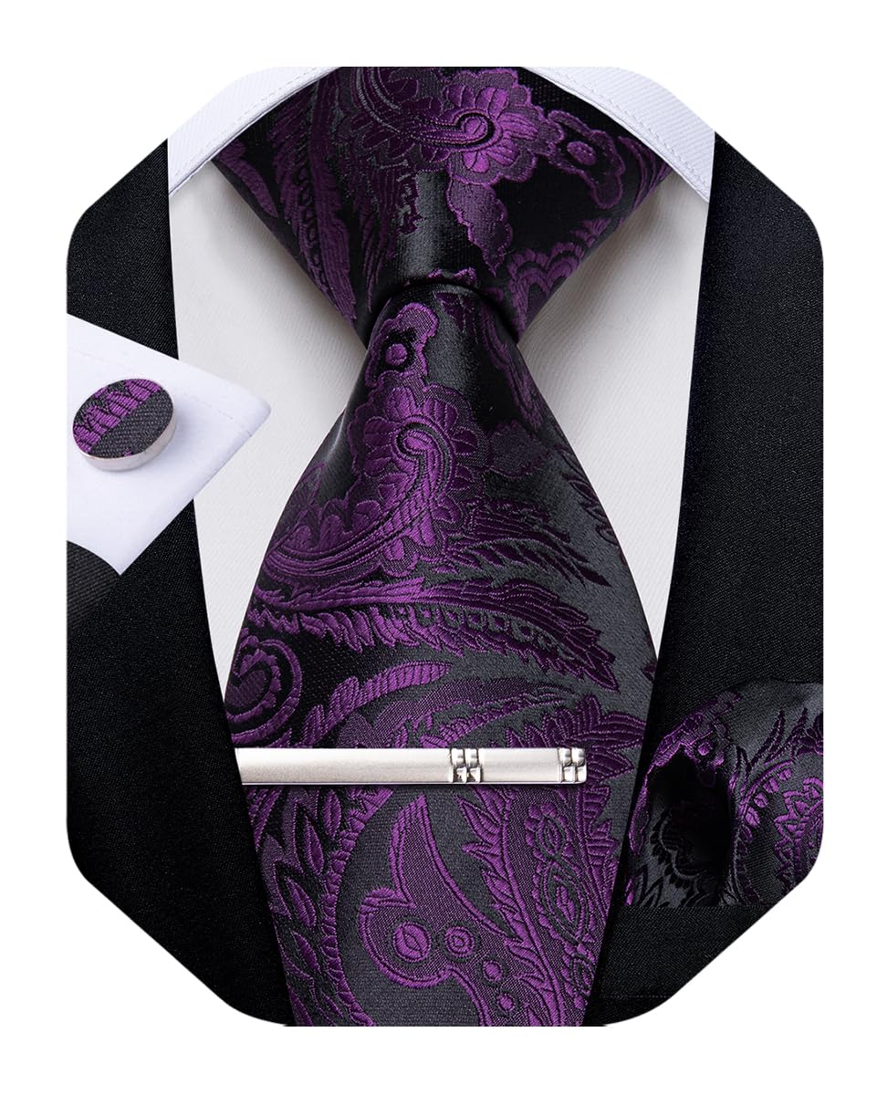 Silk Floral Ties for Men Woven Paisley Necktie and Tie Clip Handkerchief Cufflinks Set for Party Wedding