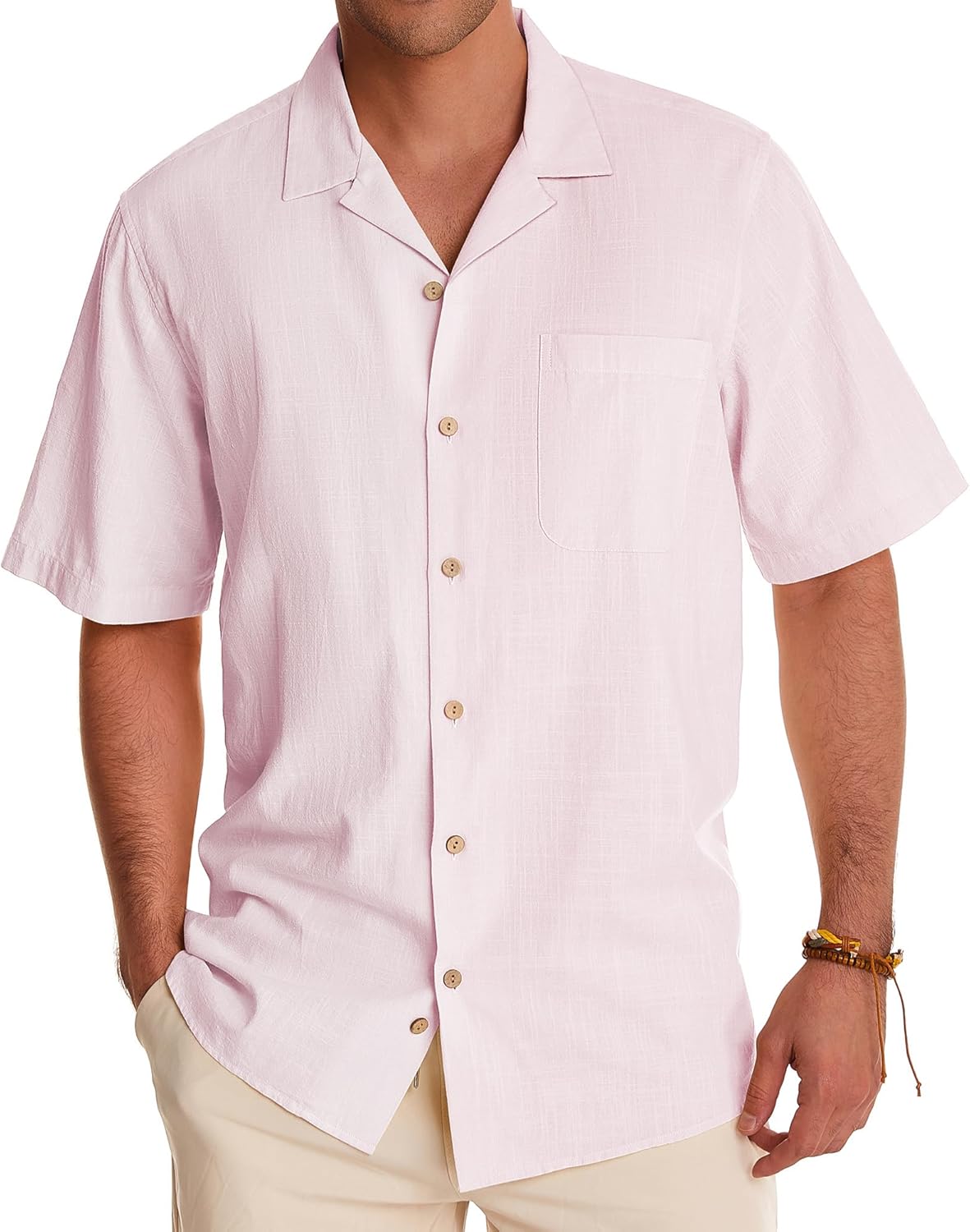 Alimens & Gentle Cuban Linen Shirts for Men Short Sleeve Button Down Shirt Cotton Summer Beach Camp Vacation Hawaiian Shirts
