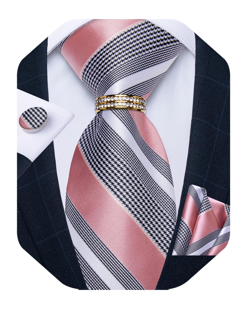 Mens Tie Set Silk Necktie and Gold Tie Ring Pocket Square Cufflinks Formal Business Wedding Ties with Gift Box