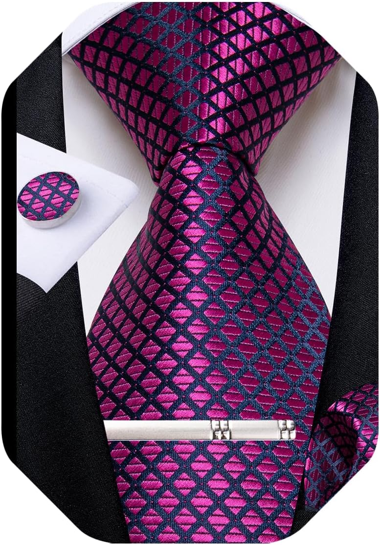 Mens Tie Silk Plaid Striped Necktie and Pocket Square Cufflinks Tie Clip Set with Gift Box Formal Wedding Party