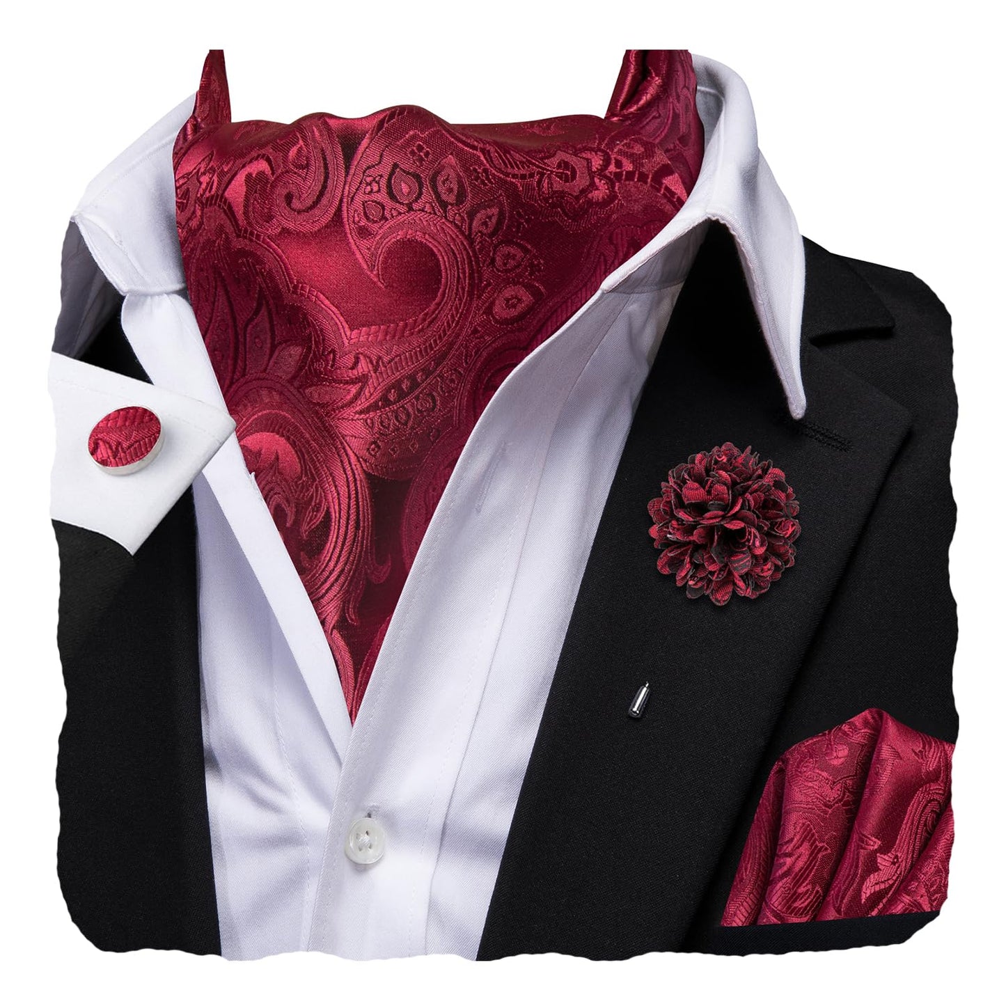 Silk Ascot for Men Self Tie Men's Cravat and Flower Lapel Pin Handkerchief Cufflinks Set for Wedding Party