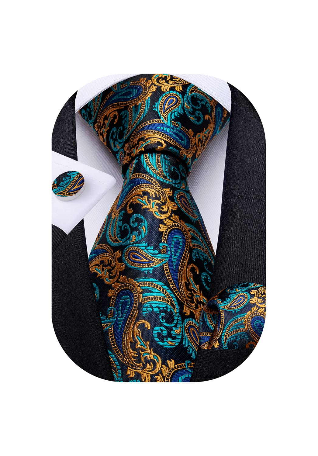 Mens Tie Set Silk Solid Paisley Necktie and Pocket Square Cufflinks Classic Formal Ties for Men Wedding Party