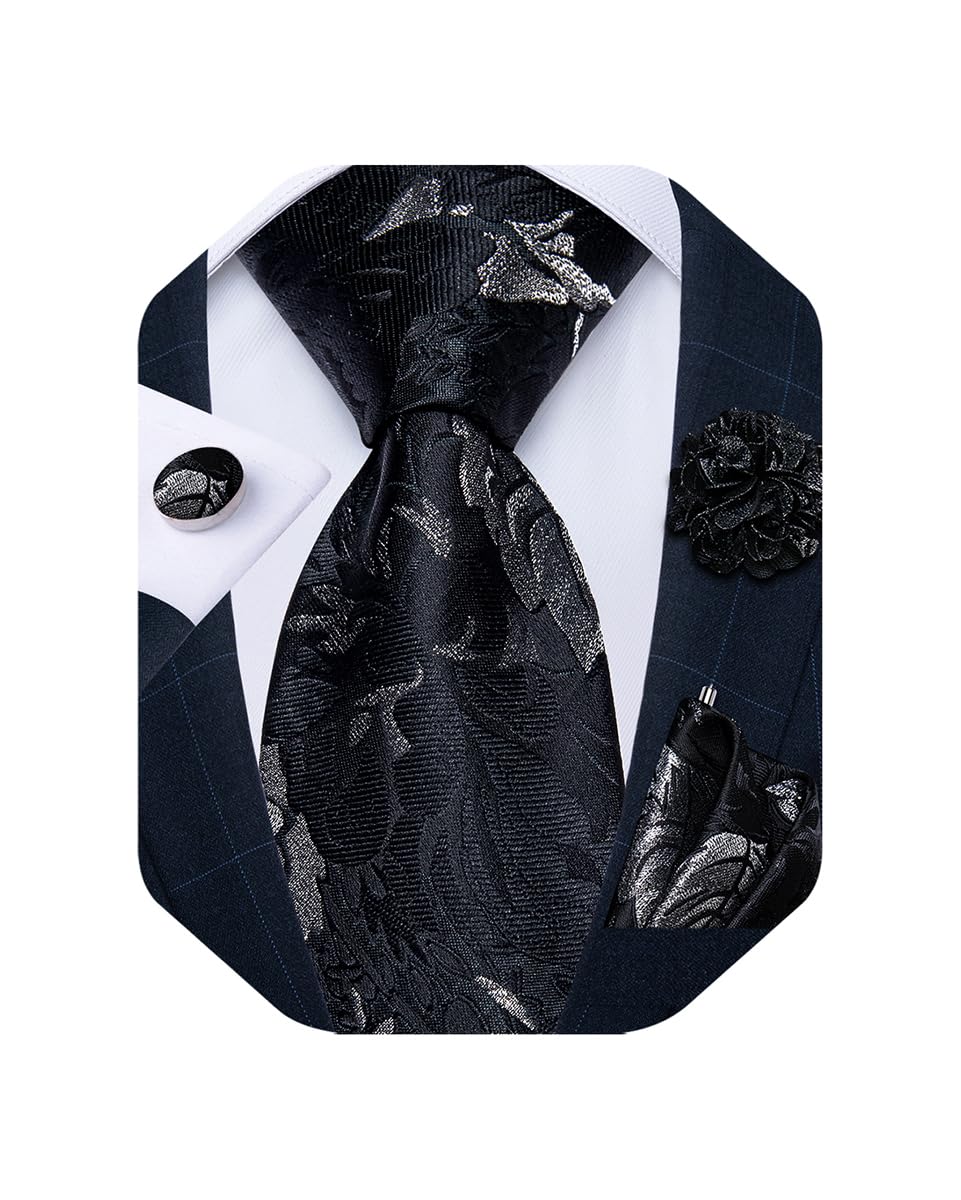 Mens Tie and Lapel Pin Set Silk Plaid Solid Paisley Necktie & Pocket Square Cufflinks for Wedding Party