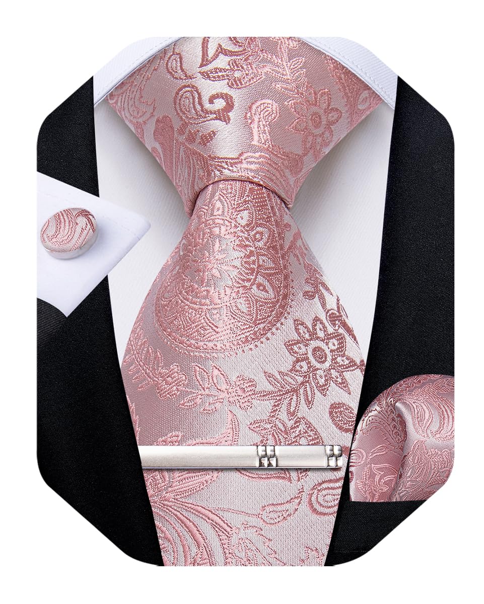 Silk Floral Ties for Men Woven Paisley Necktie and Tie Clip Handkerchief Cufflinks Set for Party Wedding