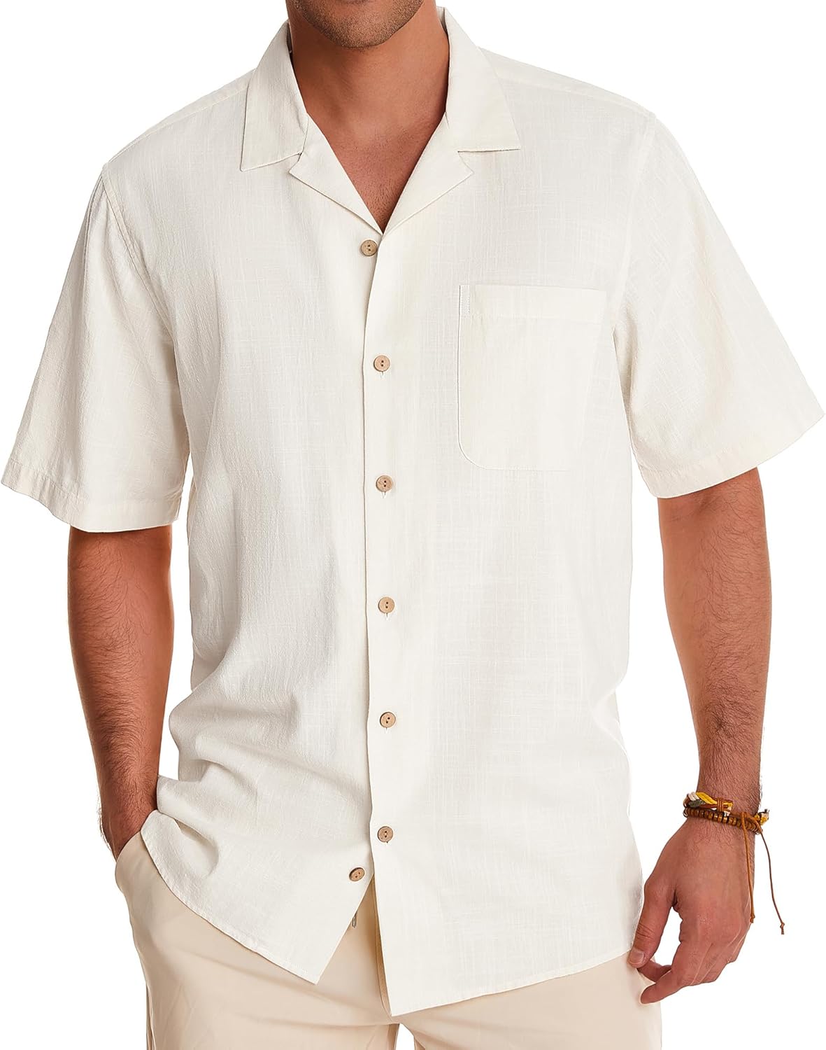 Alimens & Gentle Cuban Linen Shirts for Men Short Sleeve Button Down Shirt Cotton Summer Beach Camp Vacation Hawaiian Shirts