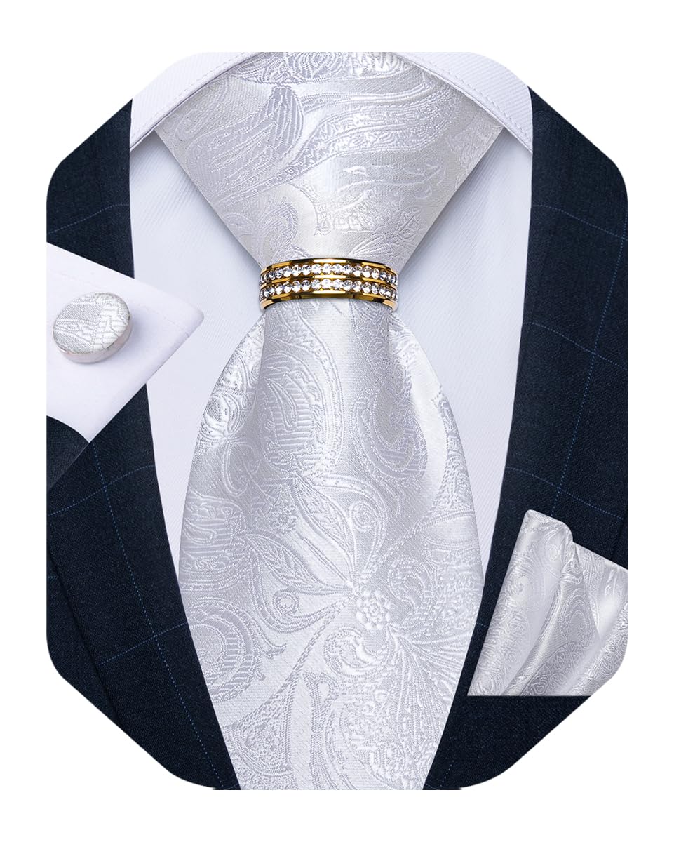 Mens Tie Set Silk Necktie and Gold Tie Ring Pocket Square Cufflinks Formal Business Wedding Ties with Gift Box