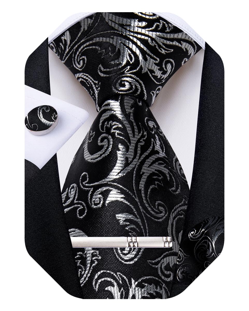 Silk Floral Ties for Men Woven Paisley Necktie and Tie Clip Handkerchief Cufflinks Set for Party Wedding