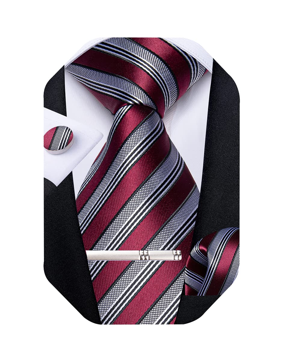Mens Striped Tie Silk Woven Necktie and Pocket Square Cufflinks Tie Clip Set Wedding Business Formal Gift Tie for Men