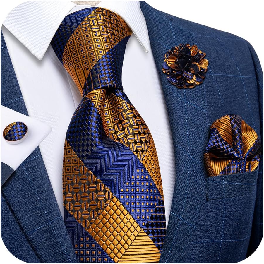 Silk Ties for Men Necktie and Lapel Pin Brooch Set Formal Woven Paisley Plaid Striped Solid Tie Wedding Party