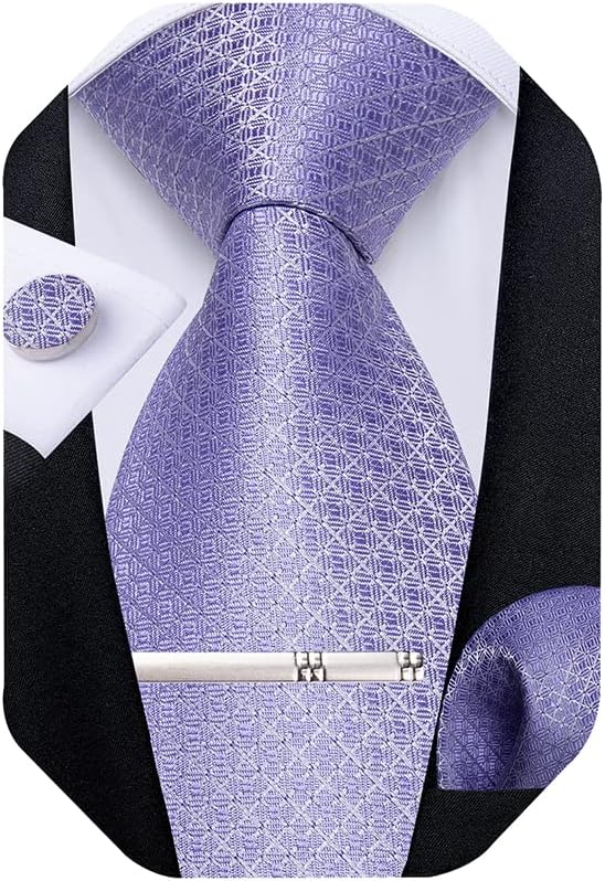 Plaid Ties for Men Silk Checkered Necktie and Pocket Square Cufflinks Tie Clip Set with Gift Box for Wedding Business