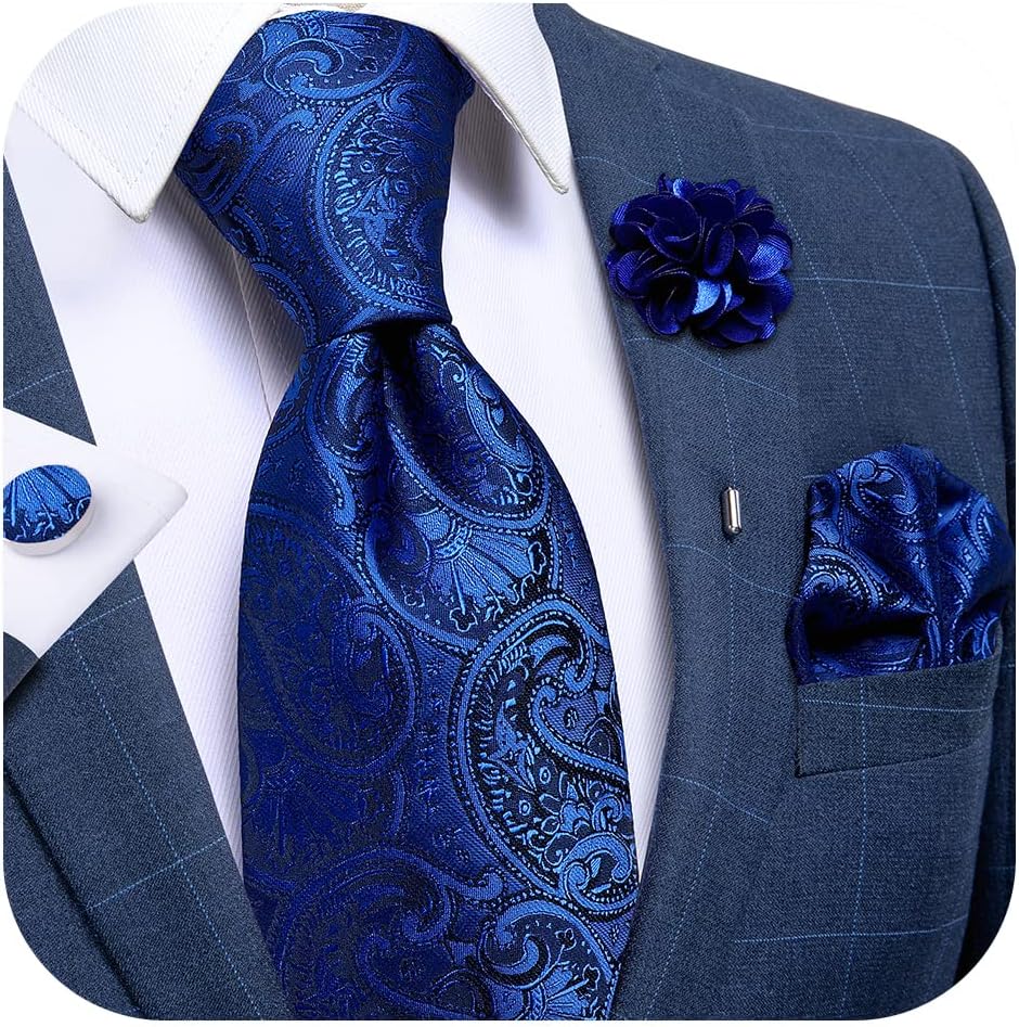Silk Ties for Men Necktie and Lapel Pin Brooch Set Formal Woven Paisley Plaid Striped Solid Tie Wedding Party