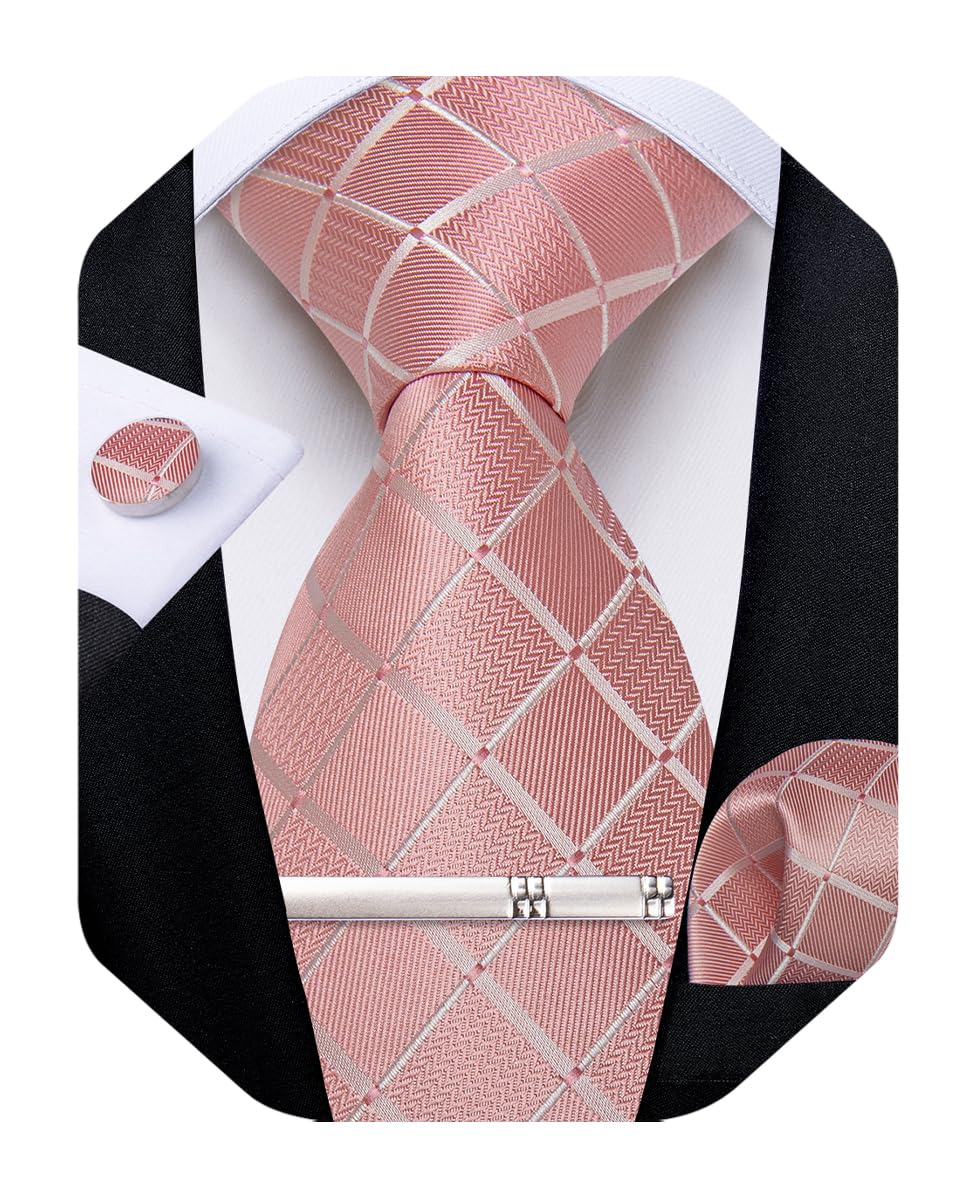 Silk Ties for Men Formal Plaid Check Necktie and Pocket Square Cufflinks Tie Clip Set Wedding Necktie with Gift Box